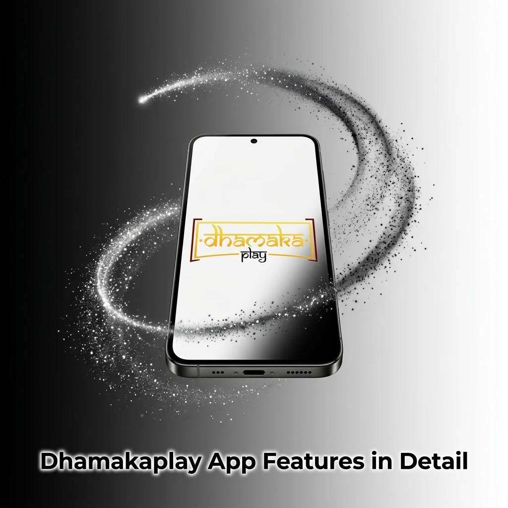 Dhamakaplay app features showing live betting, casino games, payments, and account management for Indian players