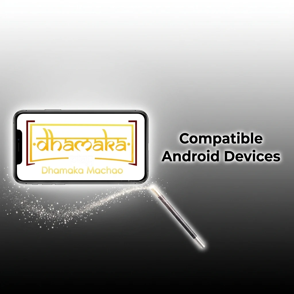 List of compatible Android devices for Dhamakaplay app including Samsung, Redmi, Realme, OnePlus, Vivo, OPPO and Motorola models