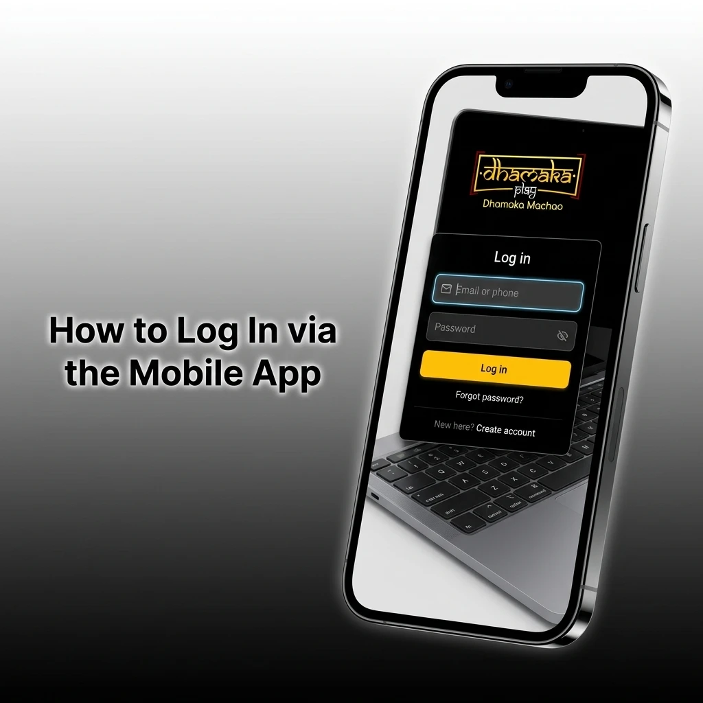Dhamakaplay app login screen on iPhone showing mobile number, password entry and Face ID biometric options