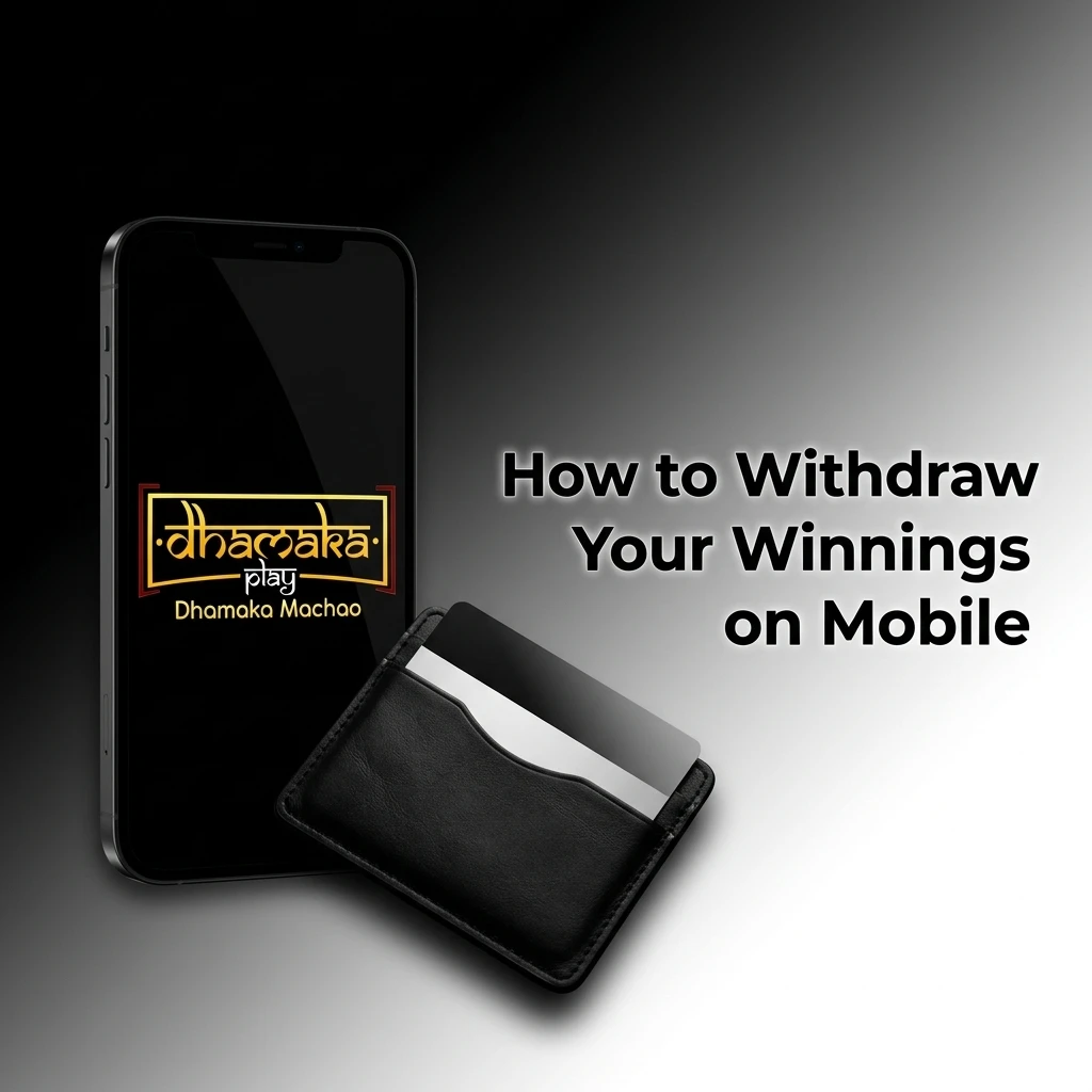 Dhamakaplay mobile withdrawal steps showing UPI and bank transfer options with INR 500 minimum limit
