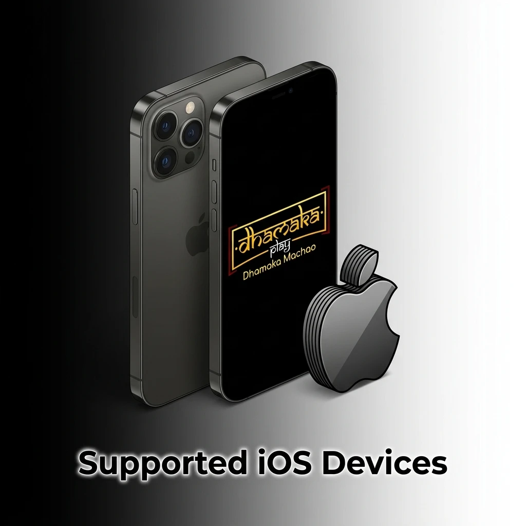 List of Apple devices compatible with Dhamakaplay PWA including iPhone 15 to XR, iPad Air, iPad Pro, and iPod Touch