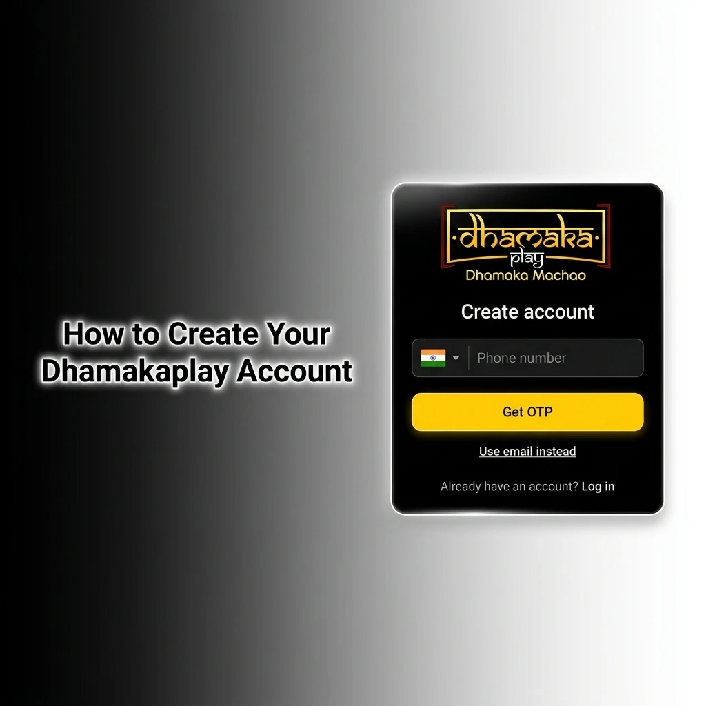 Step-by-step Dhamakaplay account registration guide showing sign-up form, OTP verification, and first deposit bonus claim process