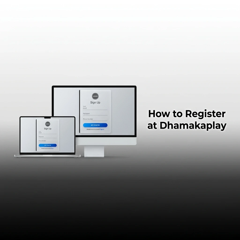 Step-by-step Dhamakaplay registration guide showing account creation form with fields for name, email, mobile number and INR currency