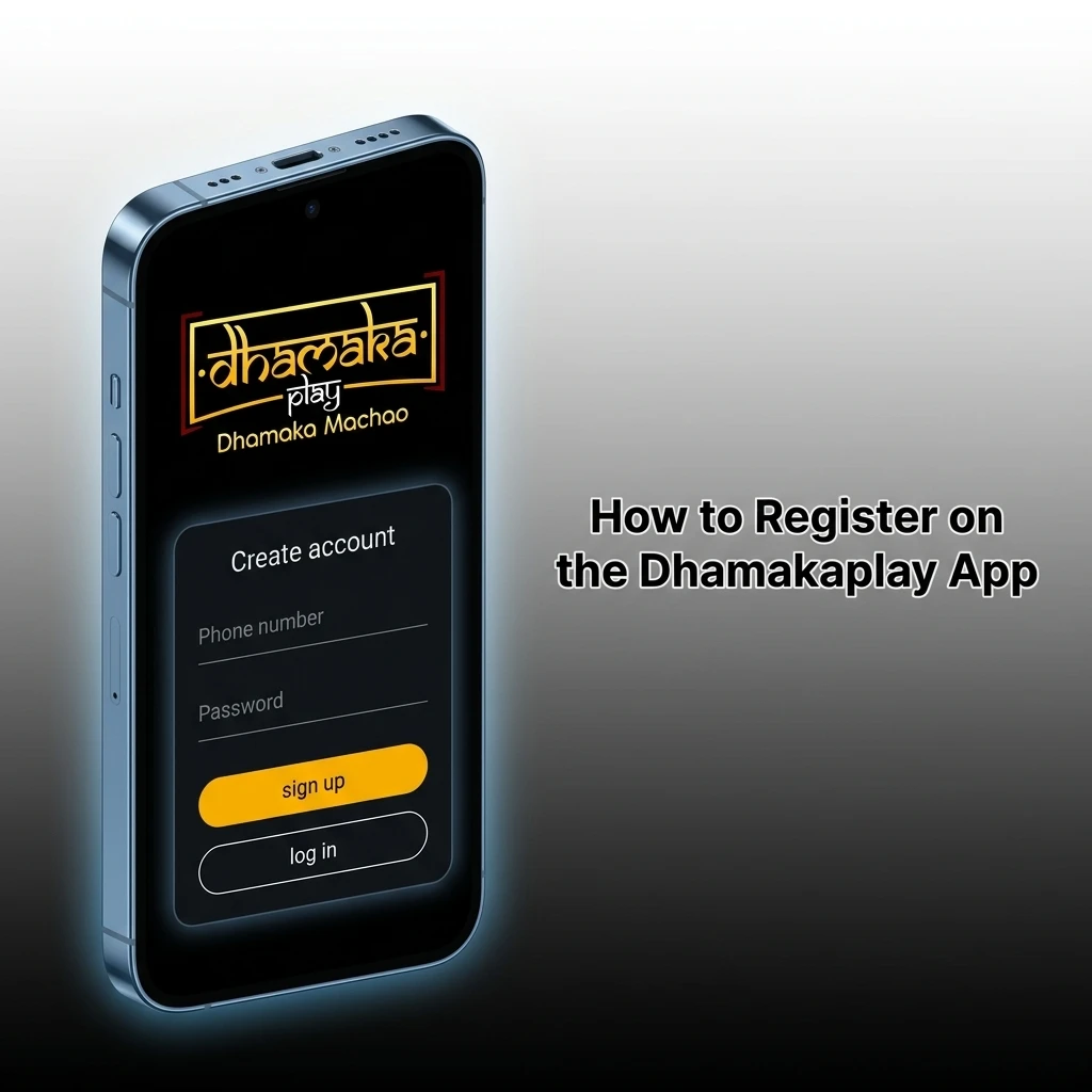 Dhamakaplay app registration steps showing mobile sign-up form with OTP verification and welcome bonus promo code field