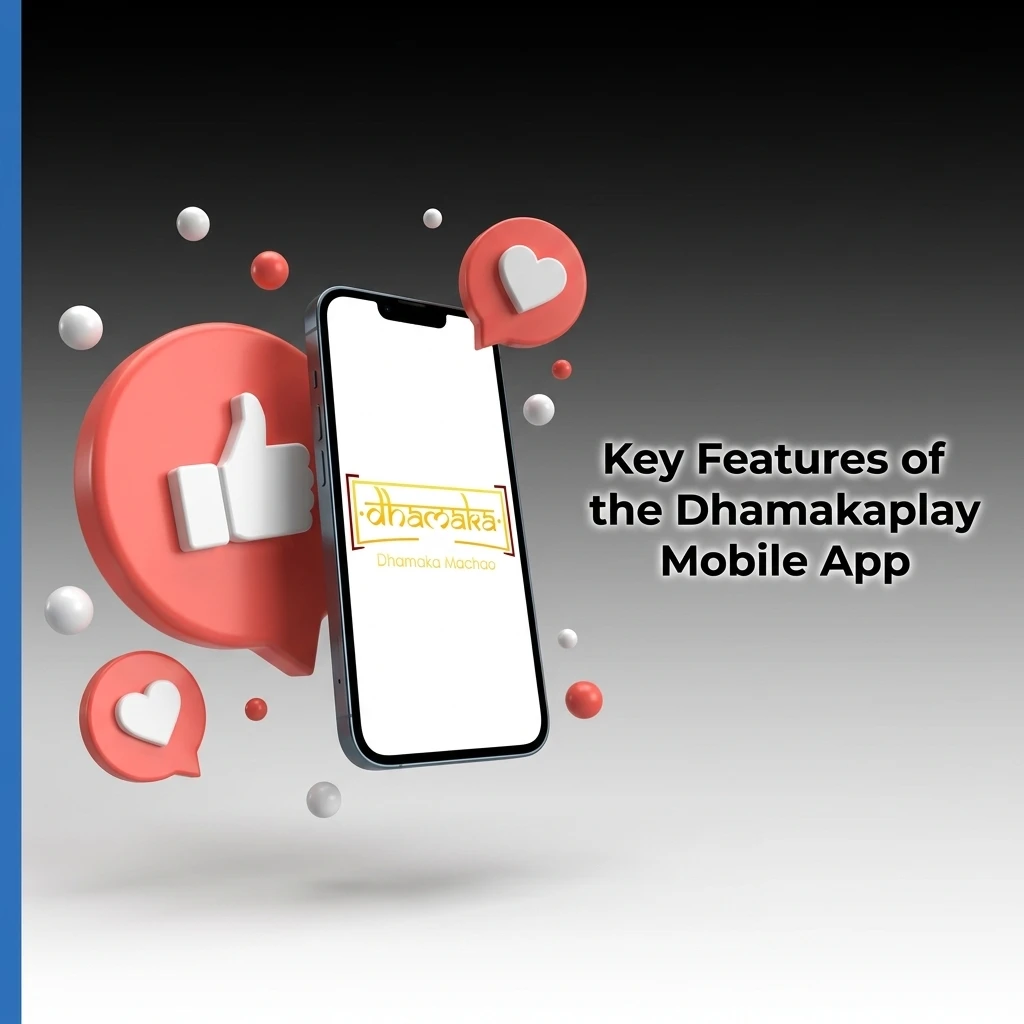 Dhamakaplay mobile app features including INR payments, UPI, live casino games, cricket betting, and 24/7 support for Indian players