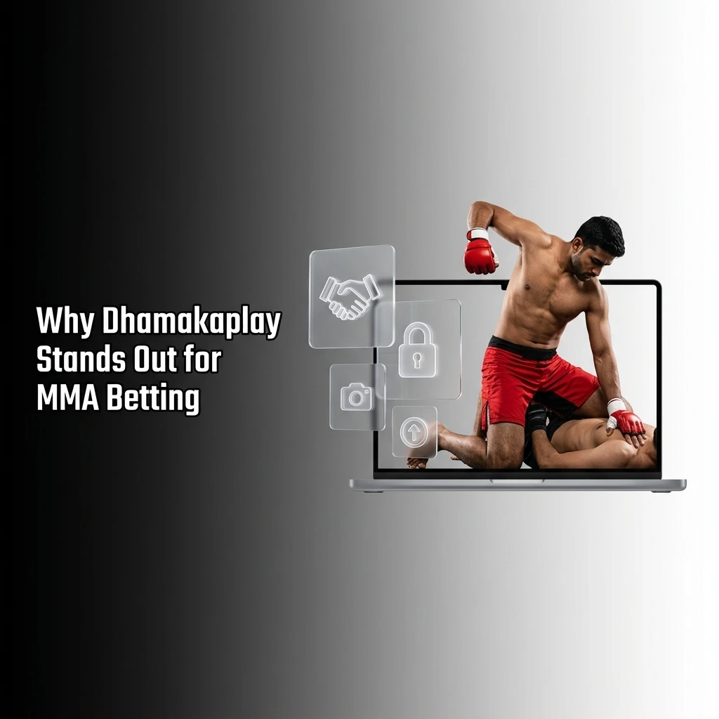 Dhamakaplay MMA betting platform showing UFC odds, live betting, INR transactions, and mobile access for Indian users