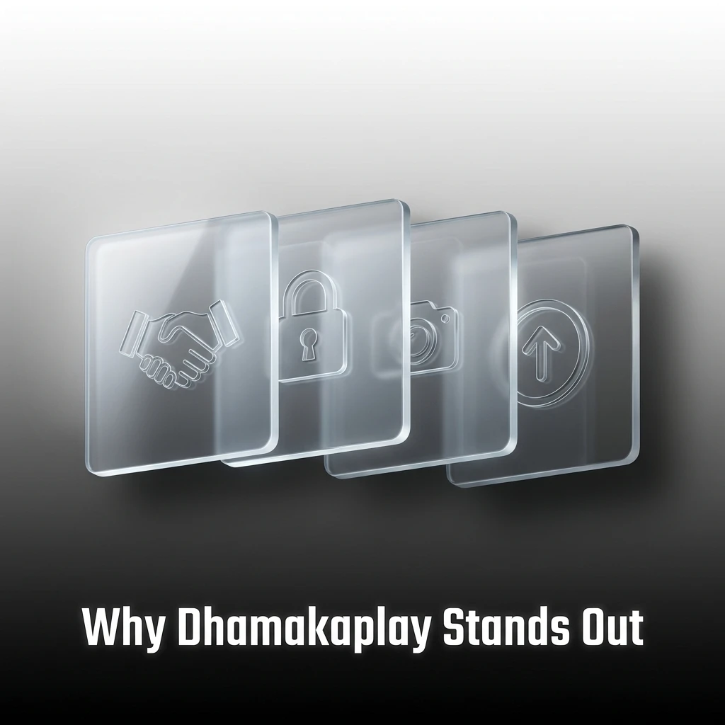 Dhamakaplay features INR payments, live betting, sports coverage, and a secure licensed platform with mobile app for Indian users